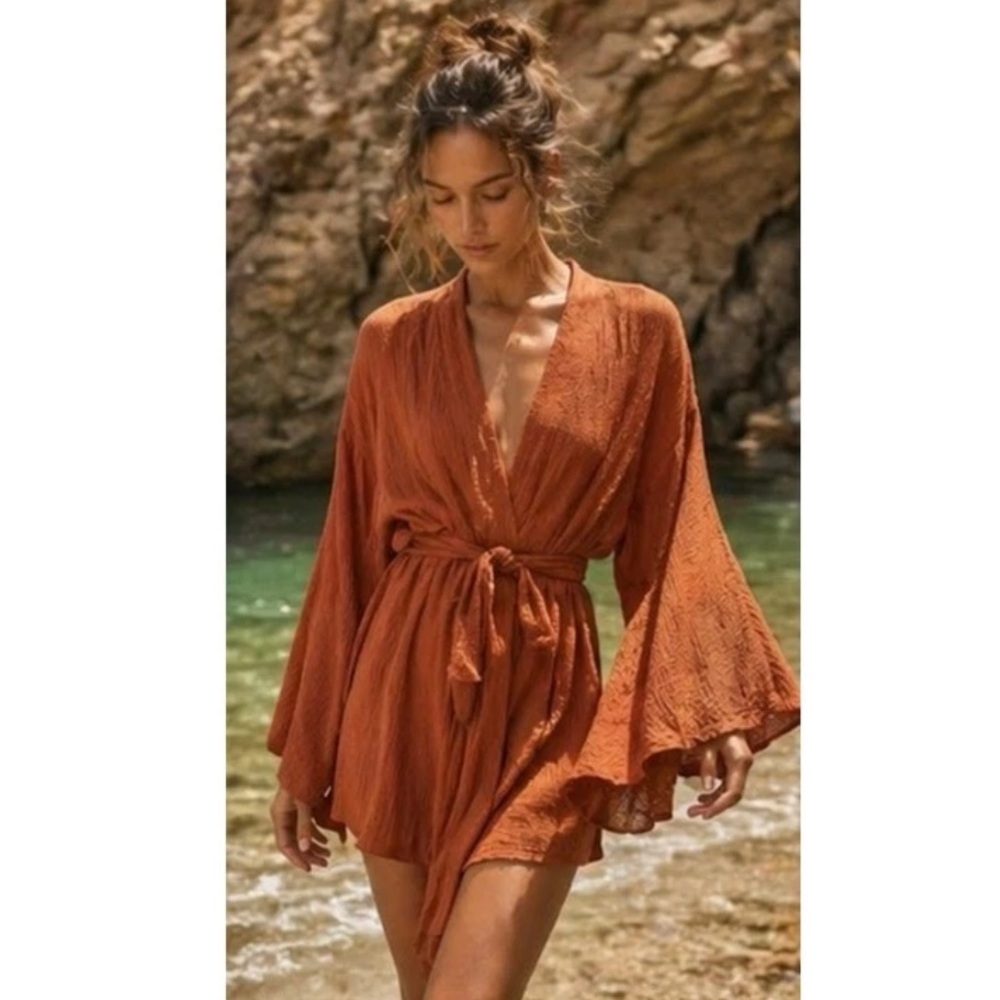 Savannah Morrow Rumba Mini Robe kimono In Papaya Rust Medium - Picture 2 of 9